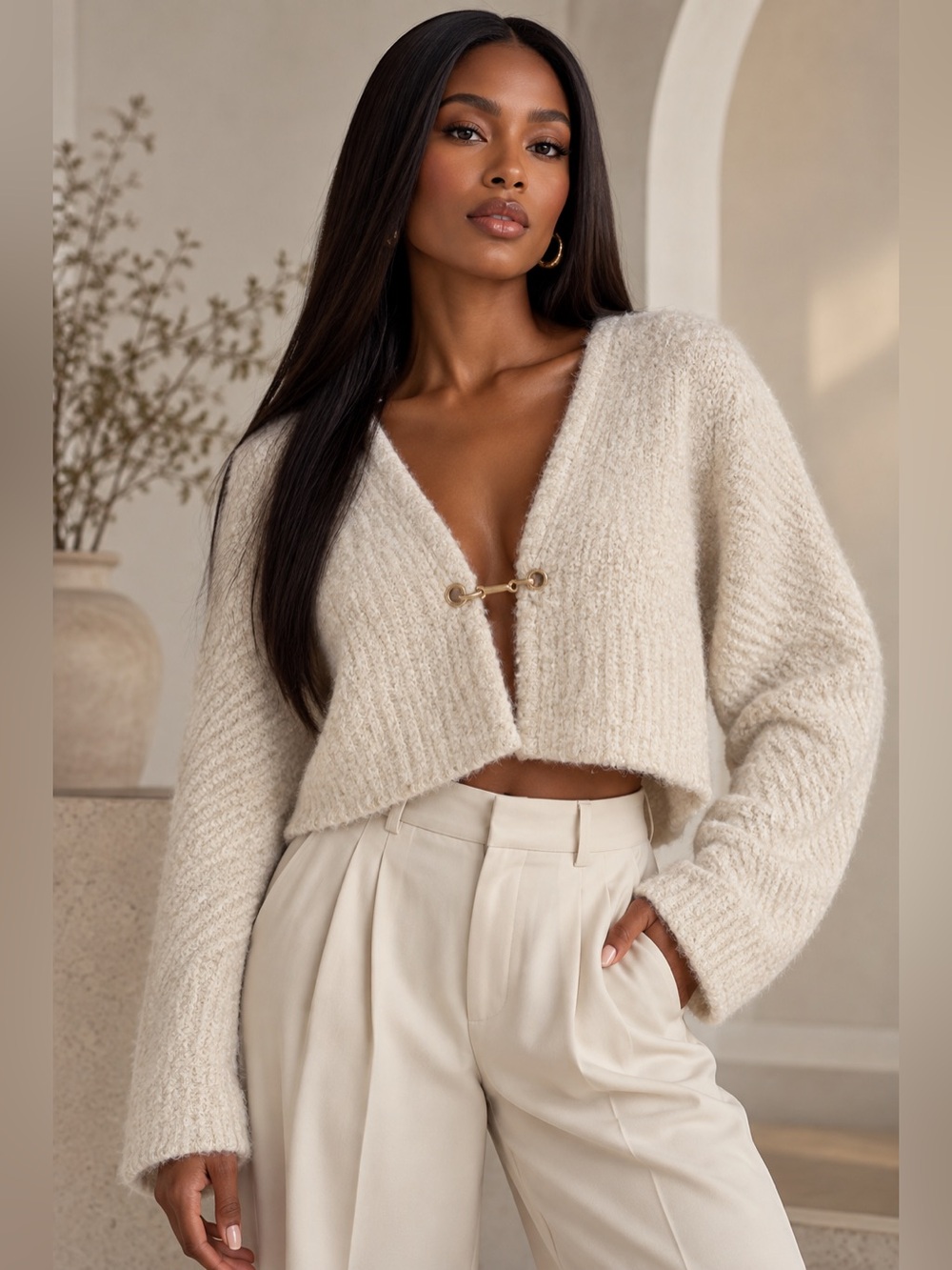 Cream Cropped V-Neck Bouclé Cardigan with Gold Hook minimalist fall cozy M